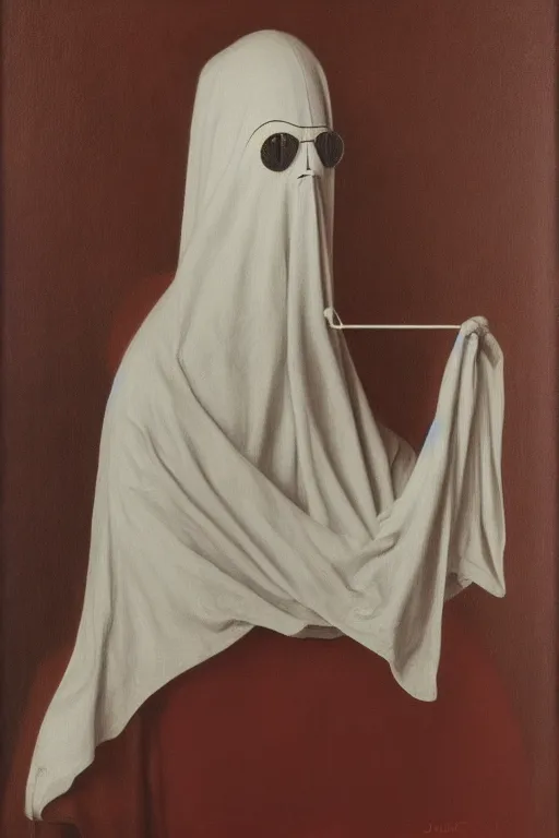 Prompt: portrait of a cloth ghost with sunglass, painting by by ralph grady james, jean christian biville