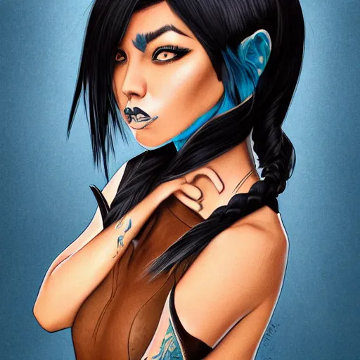 Prompt: illustrated realistic portrait of swept-back prong-horned devil woman with blue bob hairstyle and her tan colored skin and with solid black eyes wearing leather by rossdraws