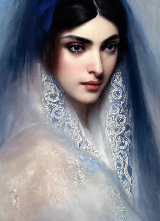 Image similar to Ameera al-Taweel, crystal blue eyes, wavy black hair, tanned skin, white veil, intricate, elegant, highly detailed, artstation, concept art, sharp focus, ruan jia, jurgens, orientalism, bouguereau