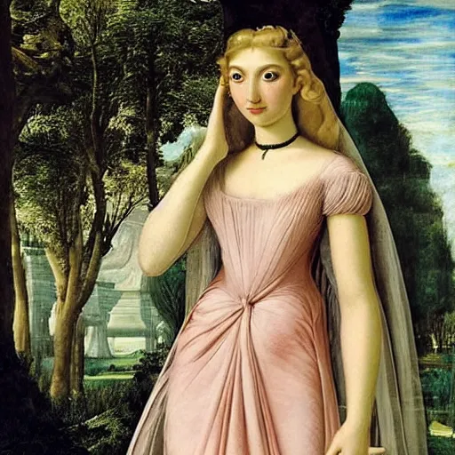 Prompt: A collage, beauty & mystery of Princess Aurora. Enigmatic smile and gaze invite us into her world, and we cannot help but be drawn in. Soft features & delicate way she is dressed make her almost ethereal. Landscape distance and mystery. What secrets Princess Aurora holds. Ancient Egyptian by Francesco Borromini, by Rene Magritte, by Tintoretto rhythmic