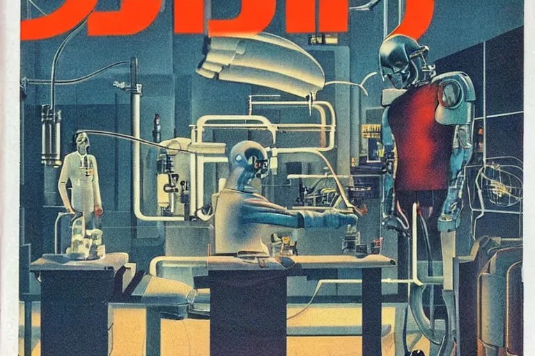 Prompt: 1979 OMNI Magazine Cover depicting Dr Jeckyll and an evil robotic Mr Hyde standing in a laboratory. Cyberpunk Akira style by Vincent Di Fate