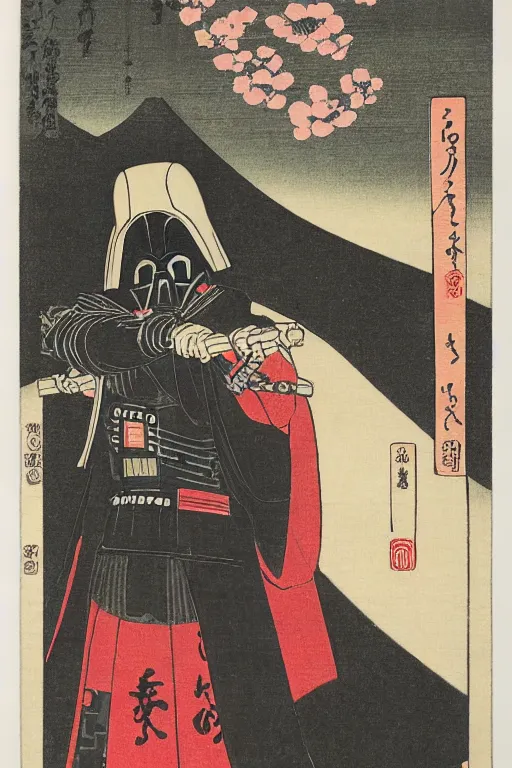 Image similar to Japanese woodblock print of Darth Vader holding a samurai sword , cherry blossom, Hokusai