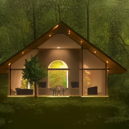 Image similar to cottage in clearing surrounded by trees, the windows are lit, raining, storming, very raining, concept art