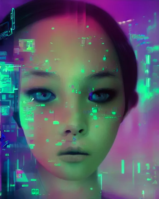 Prompt: A broken monitor with a calm AI girl's face on it. Very strong glitches on the monitor. Extremely high detail, glitchcore, glitches, glitch, synthwave, cyberpunk, vaporwave, 8k