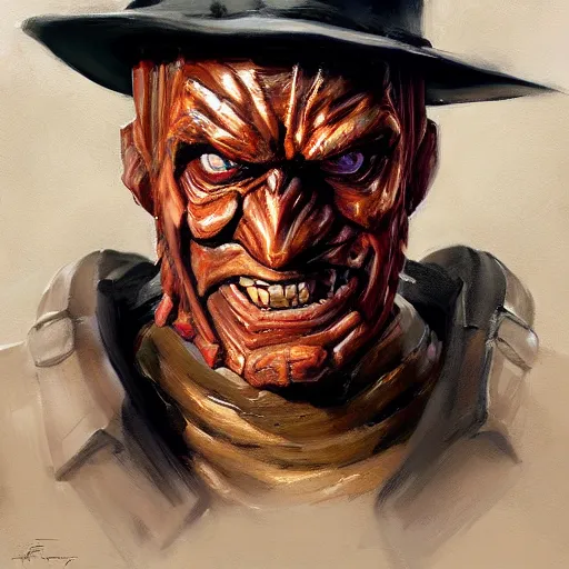 Image similar to greg manchess portrait painting of partially armored freddy krueger as overwatch character, medium shot, asymmetrical, profile picture, organic painting, sunny day, matte painting, bold shapes, hard edges, street art, trending on artstation, by huang guangjian and gil elvgren and sachin teng