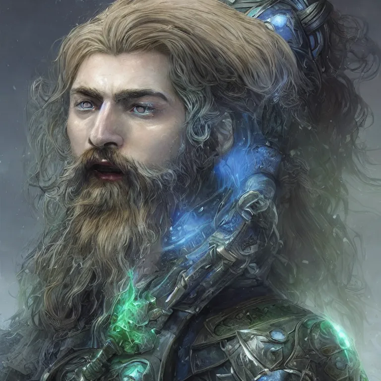 Prompt: Portrait close-up of Aasimar Paladin-Druid with glowing blue eyes, pale skin, full beard. Has sword and wears green armor covered in moss. Epic fantasy art, award winning on Artstation, intricate, highly detailed, dramatic lighting, illustration, concept art, art by artgerm and greg rutkowski and alphonse mucha and ross tran, D&D, Dungeons and Dragons, Magic the Gathering.