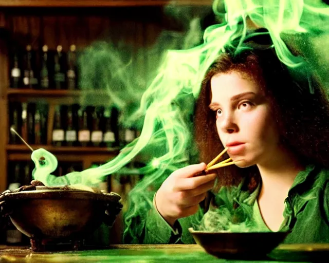 Prompt: close up portrait, dramatic lighting, concentration, calm confident teen witch and her cat mixing a spell in a cauldron, a little smoke fills the air, a witch hat, a little green smoke is coming out of the cauldron, ingredients on the table, apothecary shelves in the background, still from nickelodeon show