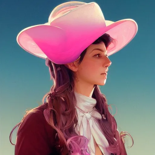 Image similar to Pink cowboy hat, highly detailed, digital painting, artstation, concept art, smooth, sharp focus, illustration, art by artgerm and greg rutkowski and alphonse mucha