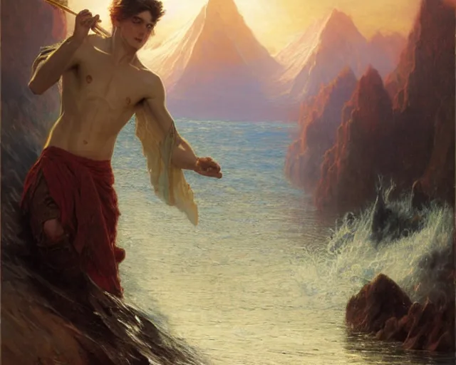 Image similar to attractive male wizard casting powerful tsunami wave spell in a beautiful lake. highly detailed painting by gaston bussiere, craig mullins, j. c. leyendecker 8 k