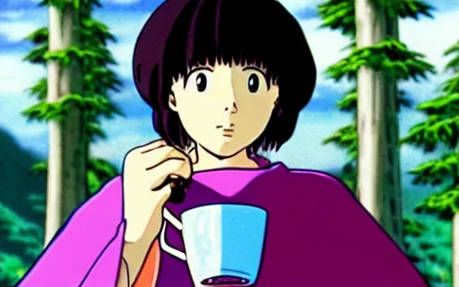 Prompt: yeat drinking lean from a foam cup, art by hayao miyazaki, studio ghibli film, hi res, 4k, high detail