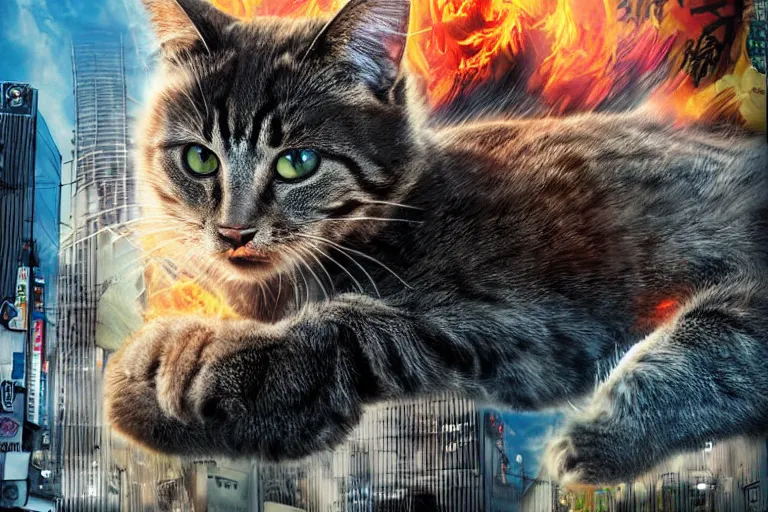 Image similar to cat attacking Tokyo, disaster movie poster, masterpiece, masterwork, cgstudio