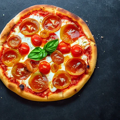 Prompt: Proper Italian pizza with tangerines and tomatoes, morning hard light, professional food photography, 80mm, top down