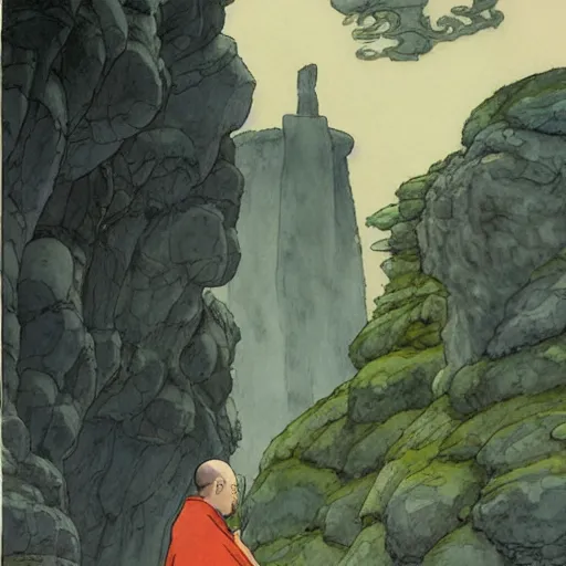 Image similar to a hyperrealist studio ghibli watercolor fantasy concept art. in the foreground is a giant monk in a grey robe lifting a stone. in the background is stonehenge. the scene is underwater on the sea floor. by rebecca guay, michael kaluta, charles vess