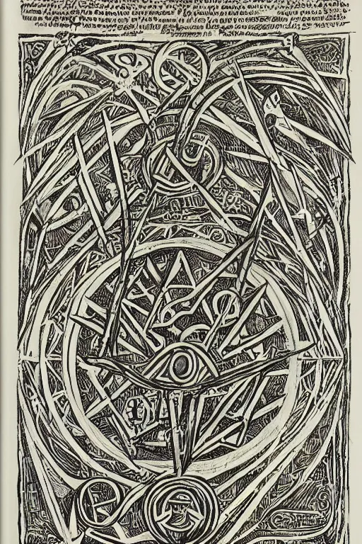 Image similar to Libre Ivonis (Book of Eibon), Page 23: incantation and sigil, a hyperdetailed alchemical scene with symbols, academic art. Intricate