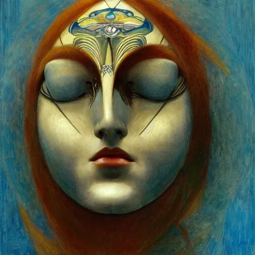 Image similar to masterpiece painting of a facemask made of stylized flowers, by annie swynnerton and jean delville and tino rodriguez and john watkiss, flower mask, art deco shaman, symbolist, dramatic lighting, god rays, elaborate geometric ornament, modern realism, clean crisp graphics, soft cool colors, smooth, sharp focus, extremely detailed