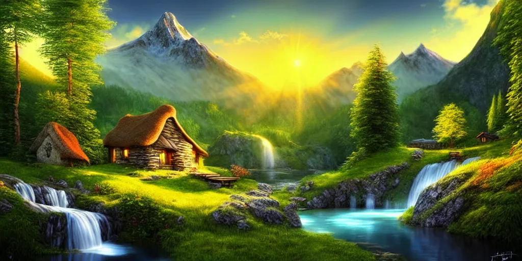 Prompt: a beautiful fantasy landscape, mountain in background, a waterfall in the mountains, little cottage, small pond, some trees in the corner, sunrise, hyper realism, artgem, art by philipp urlich