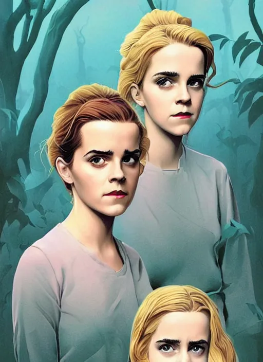 Image similar to poster artwork by Michael Whelan and Tomer Hanuka, Karol Bak Emma Watson and Kiernan Shipka in beauty pageant, from scene from Twin Peaks, clean