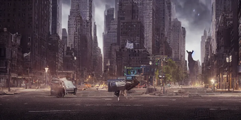 Image similar to a llama walking through a desolate manhattan city street at night, statue of liberty seen in the background, realistic 4 k octane beautifully detailed render, 4 k post - processing, highly detailed, detailed face, intricate complexity, epic composition, magical atmosphere, cinematic lighting, masterpiece, color picture, ultra hd