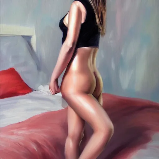 Prompt: A oiled painting of a young girl in a black top bending her legs on the bed and looking into the camera by NEMO Art, Artstation.