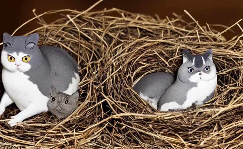 Prompt: A pigeon and an exotic shorthair cat guarding eggs in a nest, eggs, birds, nest is made of sticks, national geographic, odd, depth of field, photorealistic