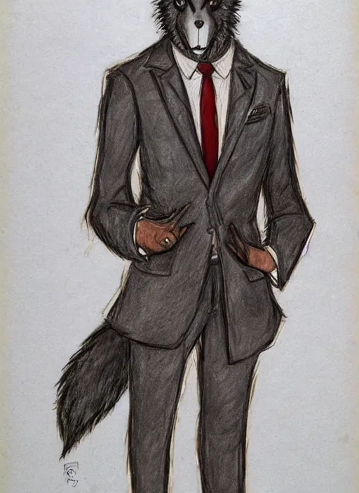 Prompt: master furry artist colored pencil drawing full body portrait character study of the anthro male anthropomorphic wolf fursona animal person detective wearing suit and tie