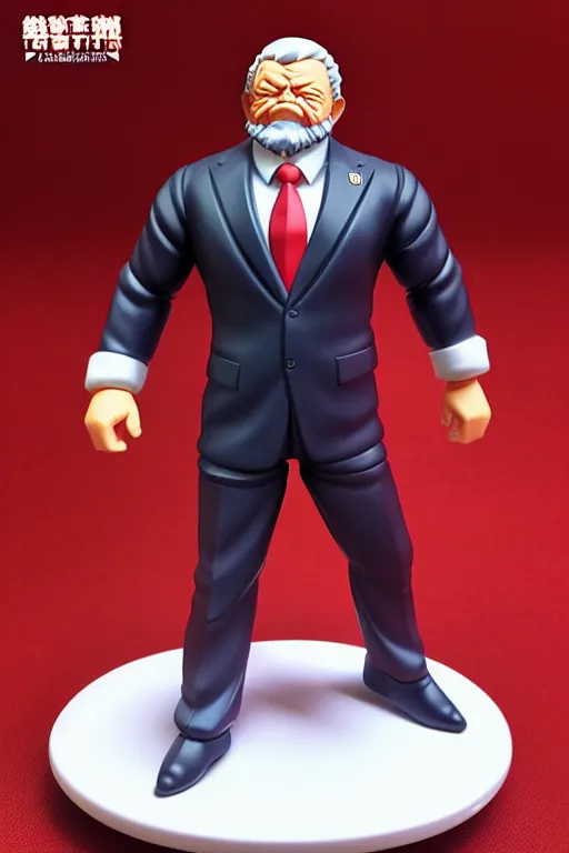 Image similar to still high quality figurine of strong man president lula, tsurime eyes, tareme eyes, personification, dynamic pose, detailed product photo, featured on amiami, tone mapped, beautiful composition, 8 5 mm, f. 1 4