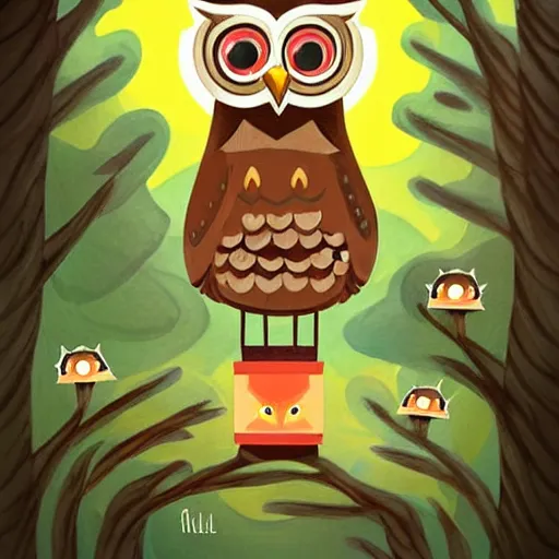 Prompt: a cute cartoon picture of an adorable owl of athena!! next to a a jar of fireflies! in the woods, a storybook illustration by arabella rankin and nyuju stumpy brown, behance contest winner, featured on pixiv, context art, storybook illustration, pop surrealism, nightscape, digital illustration