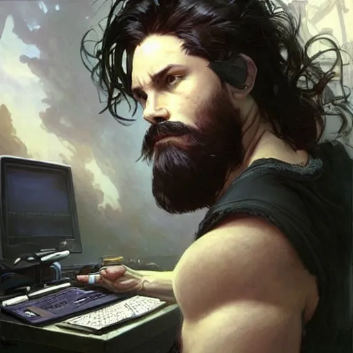 Image similar to a chad with wavy black hair and a beard. muscular. godlike. tank top. using a computer., picture by greg rutkowski, dynamic pose, intricate, futuristic, fantasy, elegant, by stanley artgerm lau, greg rutkowski, thomas kindkade, alphonse mucha, loish, norman rockwell,