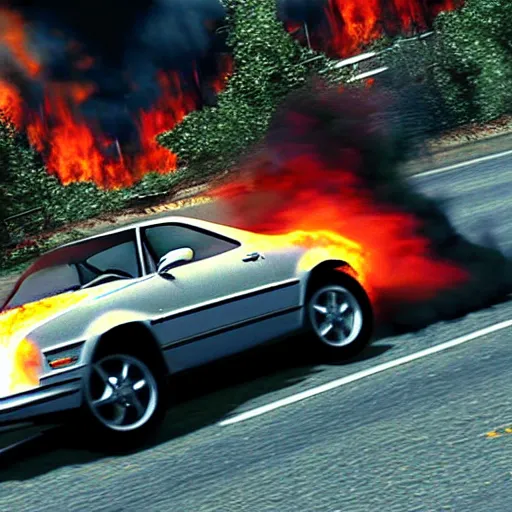 Image similar to an old car jumping over a fire, in game screenshot from need for speed ( 1 9 9 6 )