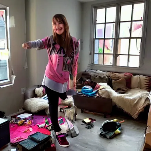 Prompt: epic gamer girl showcasing her filthy grimy cluttered apartment living room