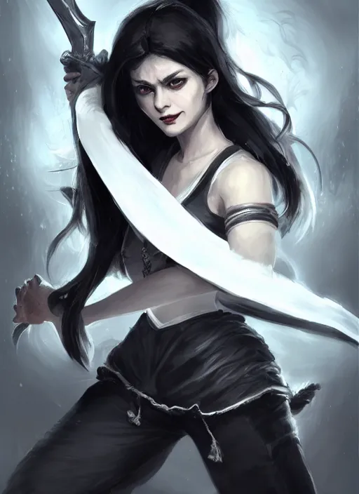 Prompt: a highly detailed illustration of fierce messy ponytail black haired one armed delinquent woman wearing white cap wearing long white coat cape, dramatic wielding sword pose, muscular, intricate, elegant, highly detailed, centered, digital painting, artstation, concept art, smooth, sharp focus, league of legends concept art, wlop.