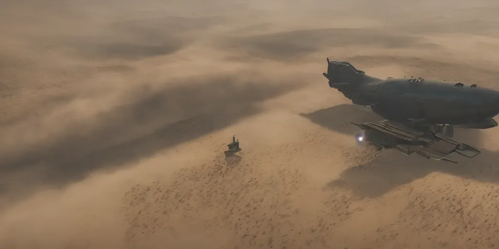 Prompt: screenshot from a renaissance airship cyberpunk cinematic masterpiece, sandstorm, fps, cinematography, photo, photography, 4 k, by greg rutkowski, roger deakins