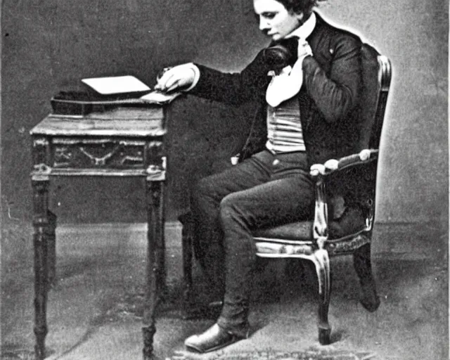 Prompt: 1 8 0 0 s photo of the king checking his twitter feed on his cellphone