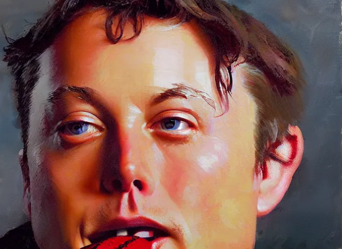 Image similar to a highly detailed beautiful portrait of elon musk with an strawberry, by gregory manchess, james gurney, james jean