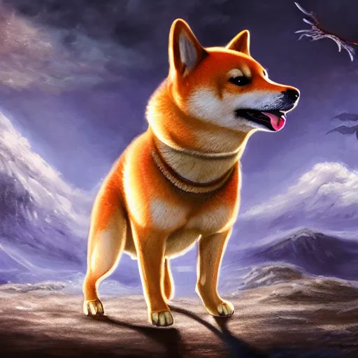 Image similar to an oil painting of a shiba inu with dragon wings, hd, hdr, ue 5, ue 6, unreal engine 5, cinematic 4 k wallpaper, 8 k, ultra detailed, high resolution, artstation, award winning