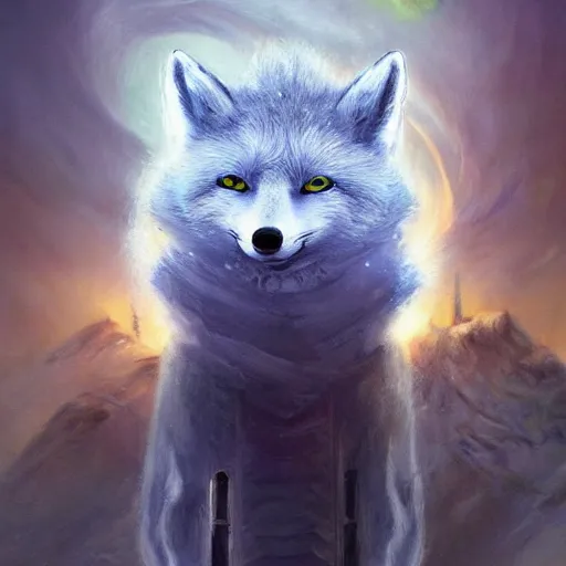 Prompt: A cyborg Arctic Fox as the ultimate tyrant emperor of the universe. Realistic sci-fi concept. Trending on ArtStation. A vibrant digital oil painting. A highly detailed fantasy character illustration by Wayne Reynolds and Charles Monet and Gustave Dore and Carl Critchlow and Bram Sels