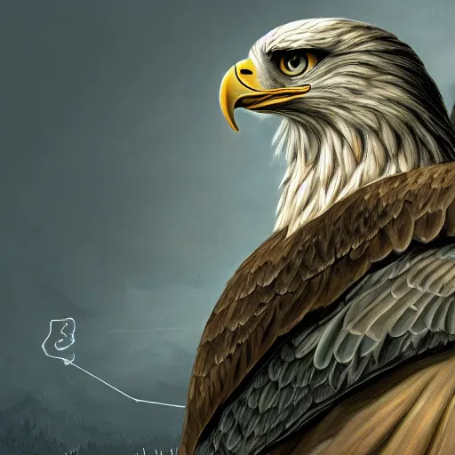 Image similar to A extremely detailed painting of a eagle with night vision goggles on its eyes, standing bird, sharp claws, cloudy, midnight, smoke, ultra high detail digital art, trending on Artstation, unreal engine