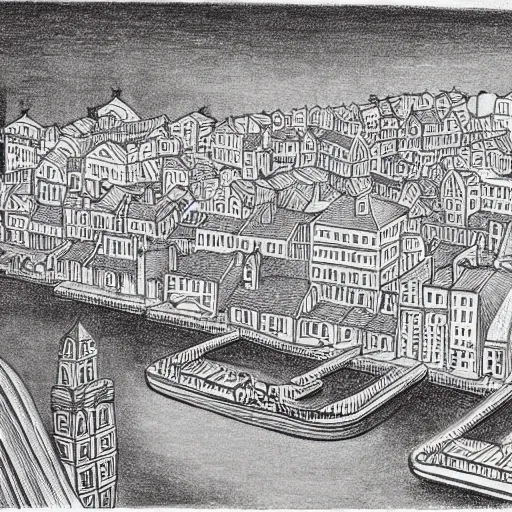 Image similar to a city by the river, drawing by m. c. escher