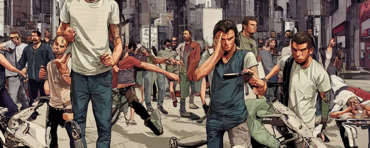 Prompt: full body of Raelsan (Orelsan) in the center of image of GTA V loading screen illustration in the style of Stephen Bliss, centered, uncrop, uncropped Orelsan very detailed GTA illustration from Stephen Bliss, full body Orelsan trending on artstation, Orelsan trending on deviantart, symmetrical face Orelsan, GTA V, Orelsan