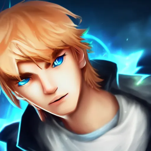 Prompt: league of legends character style of teenager boy, blonde hair, blue eyes, shows magic, close up, cinematic light, dark room, detailed, photo, 8K