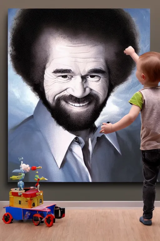 Image similar to a baby version of bob ross, in front of a finger painted mural on a wall, dramatic lighting, cinematic, establishing shot, extremely high detail, foto realistic, cinematic lighting, post processed, concept art, high details, cinematic, 8k resolution, beautiful detailed, photorealistic, digital painting, artstation, concept art, smooth, sharp focus, artstation trending, octane render, unreal engine