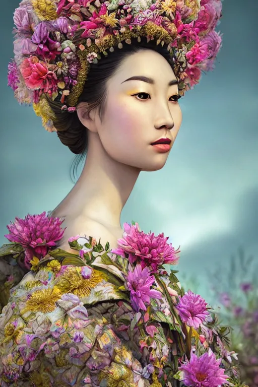 Prompt: a beautiful portrait of an empress in her garden, with a brilliant, impossible striking big flower headpiece, clothes entirely made out of flowers, symmetrical, closeup, dramatic studio lighting, rococo, baroque, jewels, asian, hyperrealism, D&D, fantasy, intricate, elegant, highly detailed, digital painting, artstation, octane render, 8k, concept art, matte, sharp focus, illustration, art by Artgerm and Greg Rutkowski and Alphonse Mucha