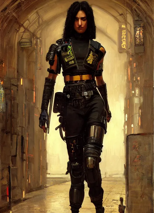 Prompt: Adriana. beautiful cyberpunk Samurai woman wearing a military vest and military jumpsuit (cyberpunk 2077). gorgeous african face. Iranian orientalist portrait by john william waterhouse and Edwin Longsden Long and Theodore Ralli and Nasreddine Dinet, oil on canvas. Cinematic, hyper realism, realistic proportions, dramatic lighting, high detail 4k