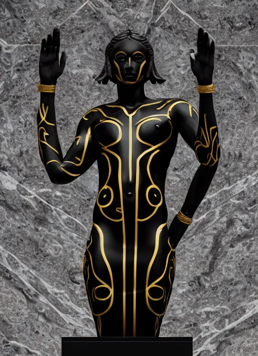 Image similar to stylized onyx black gold lines dark severe lighting ornate statue full body made of marble of judas, perfect symmetrical body, perfect symmetrical face, hyper realistic, hyper detailed, by johannen voss, by michelangelo, octane render, blender, 8 k, displayed in pitch black studio room