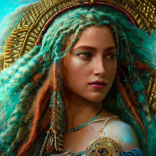 Image similar to octane render, artstation, 8 k, intricate detail, hyper detail, portrait by gaston bussiere, greg rutkowski, sandro botticelli, tan lady of elche egyptian sumerian techno mystic goddess princess intergalactica inanna with aqua neon rapunzel dreadlocks,