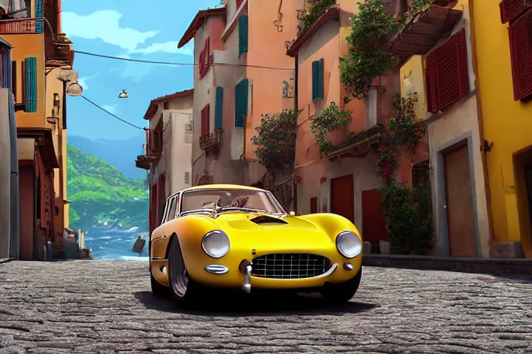 Image similar to a wholesome animation key shot of!! one!! focused!! ferrari 2 5 0 gt!! in beautiful cinque terre italian street, medium shot, studio ghibli, ( pixar ) and disney animation, sharp, very detailed, high resolution, rendered in unreal engine 5, anime key art by greg rutkowski, bloom, dramatic lighting