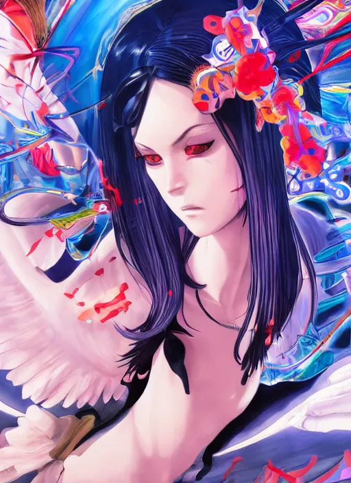 Image similar to portrait of a psychedelic angel, digital painting masterpiece, advanced lighting technology, stylized yet realistic anatomy and face, gorgeous, by reiq and bengus and akiman and shigenori soejima and bastien vives and balak and michael sanlaville and jamie hewlett, 4 k wallpaper, cinematic, gorgeous brush strokes, coherent and smooth