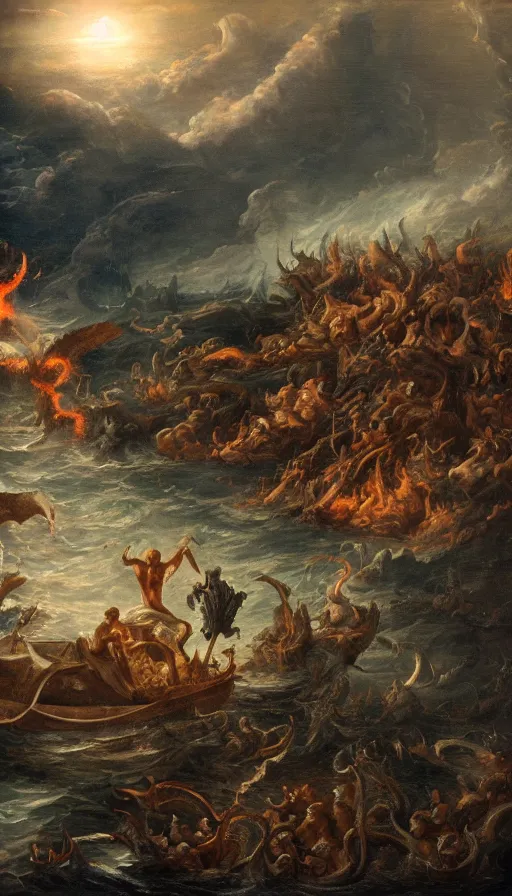 Prompt: man on boat crossing a body of water in hell with creatures in the water, sea of souls, with octane