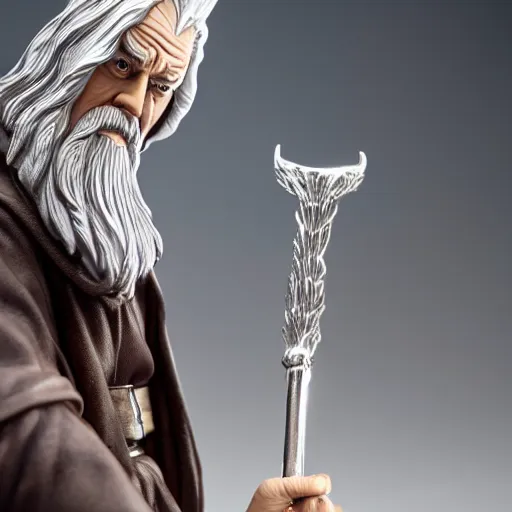 Image similar to gandalf chrome figurine sitting at a lightmixer, gandalf without a hat, color studio photo, uhd 4 k, backlight, rule of thirds