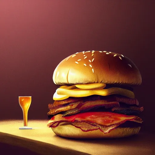 Image similar to portrait photography of Kanye West eating a giant hamburger, extra ketchup and mustard with overflowing bacon lettuce and tomato, cinematic lighting, highly detailed, feminine ethereal, D&D, hearthstone, digital painting, artstation, concept art, smooth, sharp focus, illustration, art by Terry Moore and Greg Rutkowski and Alphonse Mucha